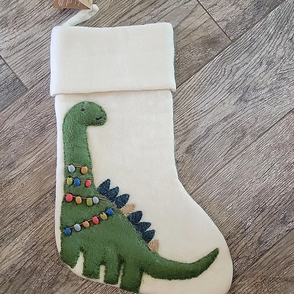 West Elm Dinosaur Brontosaurus Felted Wool Chrismas Stocking Handmade Nepal NWT